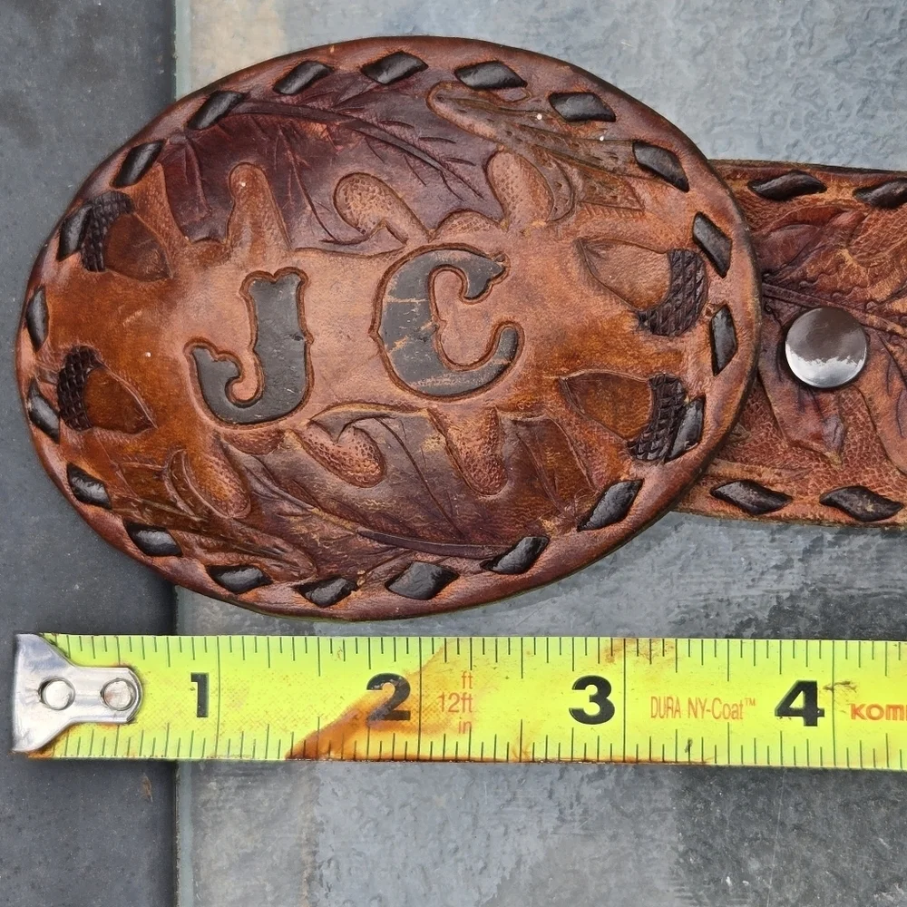 Vtg 70's Brown Hand Carved TOOLED Leather 42